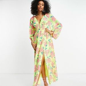 ASOS Design soft shirred waist open back maxi dress in yellow floral